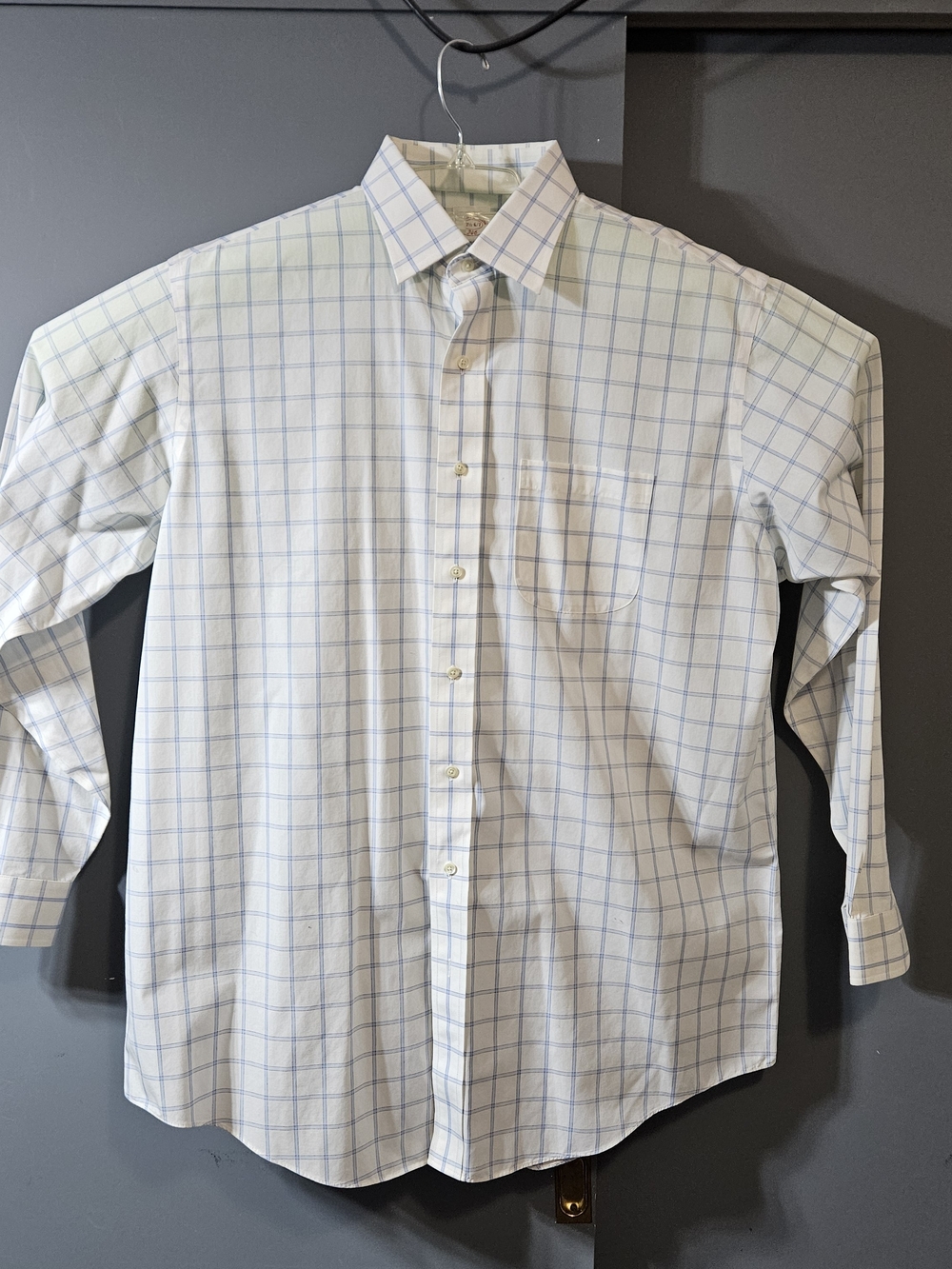 Mens Brooks Brothers White Dress Shirt with Light Blue Check